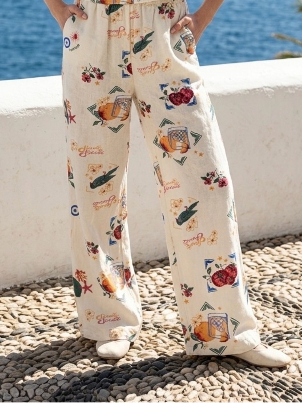 Angel Kiss Women's Wide Leg Pants - Cream Base with Pink, Blue & Orange Prints